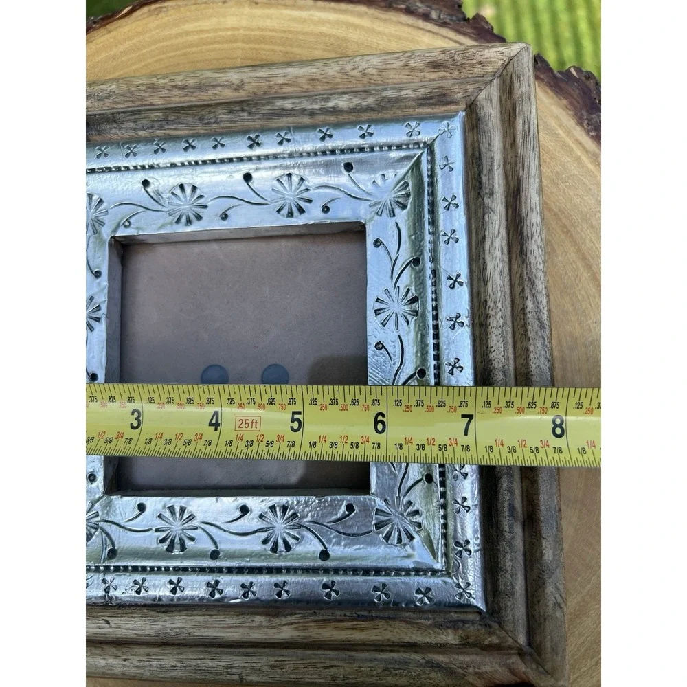 Leo Arts India 8x8 Mango Wood 4x4 Picture Frame Silver Embossed Rustic Boho